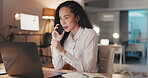 Phone call, night and woman on laptop for international communication, global client or office discussion. Happy employee or biracial business person talking on smartphone, tech support and computer