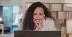 Celebration, winner and business woman with laptop in office for victory, achievement and online bonus. Success, winning and happy female excited for good news, promotion and payment on computer