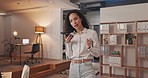 Woman, loudspeaker and phone call in office for talking, conversation and voice app at night. Female worker, communication and mobile microphone for audio chat, contact connection and business speech