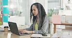 Woman, laptop and typing business email for planning, strategy or schedule tasks at the office desk. Female employee working on computer in communication writing proposal or project plan at workplace