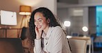 Video call, laptop and business woman in a office with happiness from work communication. Talking, computer and virtual seminar of a female employee with a happy smile in the dark with discussion