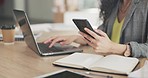 Woman, hands and phone on laptop in business planning, schedule or multi tasking for corporate strategy on office desk. Hand of female project planner working on smartphone and computer for tasks