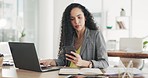 Woman, phone and laptop in business planning, schedule or multi tasking for corporate strategy on office desk. Serious female project planner working and reading on smartphone and computer for tasks