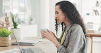 Business woman, coffee and laptop in home office for remote and freelance work for research at table. Entrepreneur person with a tea cup and technology for planning, reading and search on internet