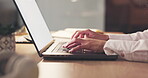 Business woman, laptop and hands at night typing for schedule planning or email on mockup screen at office desk. Hand of female employee working late on computer display for project plan at workplace