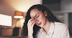 Headache, migraine and tired woman on laptop stress, depression or health risk with glasses at night. Pain, depressed or sad biracial business person  with burnout or fatigue working on her computer