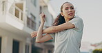 Woman, fitness or stretching arms in city workout, training or exercise for muscle relief, marathon ready or wellness break. Runner, athlete or sports warm up for running triathlon or road challenge