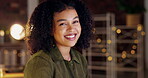 Night, office and face of happy woman and mindset for career, global job or international company growth in lights bokeh. Portrait of professional, young and biracial person smiling for project goals