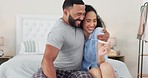 Happy couple, bedroom and positive pregnancy test results, joy and excited hugging for future family. Life, love and man with pregnant woman hug and celebrate good news sitting on bed with excitement
