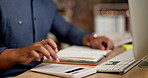 Businessman, hands and writing at night with calculator for accounting, financial audit or budget planning at office desk. Hand of man accountant working late calculating company finance and expenses