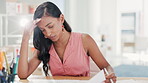 Tired woman with headphone for startup business, logistics management and documents, budget problem or stress. Sad indian person with paperwork report and burnout, fatigue or migraine at office desk