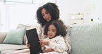 Relax, tablet and mother with child on sofa for online games, educational research and browse internet. Family, love and happy mom and girl with digital tech for bonding, quality time and movies app