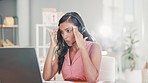 Crm, angry and business woman feeling frustrated and stress from telemarketing consultation. Office, contact us and annoyed call center worker with anxiety working on a laptop with 404 problem