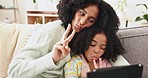 Selfie, tablet and mother with child on sofa with comic face, peace sign and crazy smile for photo. Family home, love and happy mom and girl with digital tech for bonding, quality time and picture