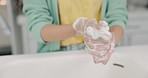 Washing soap, woman hands and kitchen sink of a female with foam for cleaning and wellness. Home, safety and virus protection of a person with sanitary healthcare in a house for skincare and grooming