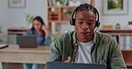 Black man, call center and laptop with headset consulting in telemarketing, customer service or support at office. Happy African American male consultant or agent talking with headphones on computer
