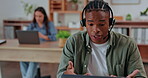 Black man, call center and laptop with headset consulting in telemarketing, customer service or support at office. Happy African American male consultant or agent talking with headphones on computer