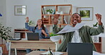 Creative business people, celebration and throwing papers in air for winning, success or achievement at office. Happy employees smiling in happiness celebrating paperwork for completion in startup