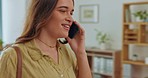 Phone call, conversation and business woman in office for networking, communication and contact. Happy, technology and connection with female talking in agency for discussion, positive and confidence