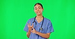 Advisory healthcare, green screen and woman doctor with advice, information or health care announcement. Help, medicine and medical professional presentation of hospital info on studio background.