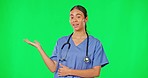 Advice, green screen and woman doctor showing product placement, information or health care announcement. Help, medicine and hispanic advisory medical professional at hospital on studio background.