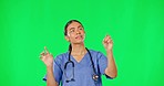 Virtual reality, green screen and woman doctor with advice, information or health care announcement. Help, medicine and online medical professional presentation of hospital info on studio background 