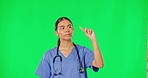 Healthcare, green screen and woman doctor in vr with advice, information or health care announcement. Help, medicine and medical professional chromakey presentation of hospital on studio background.