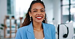 Business woman, face and smile in call center for corporate marketing, management or support at office. Portrait of happy female consulting agent manager smiling for company success or leadership