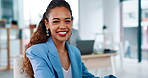 Face, business woman and smile in office with pride for career, occupation or job. Portrait, professional and happiness, proud and confident female entrepreneur or person sitting in company workplace