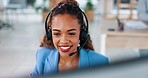 Business woman, call center and face consulting with headphones on computer for customer service or support. Happy female consultant agent talking with headset mic on PC for online advice or help