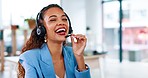 Business woman, call center and laughing on headphones for funny joke, meme or conversation on computer at office. Portrait of happy female consultant agent laugh with headset on PC for communication