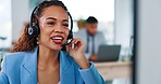 Business woman, call center and consulting with headphones on computer in customer service or support at office. Happy female consultant agent talking on PC headset mic for online advice at workplace