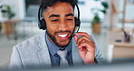 Businessman, call center and face consulting with headphones on computer for customer service or support. Happy male consultant agent with smile talking on PC headset for online advice at workplace