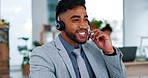 Happy businessman, call center and consulting with headphones on computer in customer service or support at office. Friendly male consultant agent talking on headset for online advice at workplace