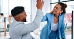 Computer, high five and business people in celebration in office for goals, targets or achievements. Success, teamwork and collaboration of happy man, woman or employees celebrate for congratulations