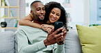 Happy, love and couple on couch, smartphone and hug in living room, connection and social media. Romance, black man and woman with cellphone, mobile app and happiness in lounge, talking and embrace