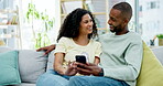 Couple, phone and laughing on sofa in home at comedy, joke or comic meme online. Interracial, cellphone and happiness of black man and woman relax on couch in lounge on social media, funny or humor.