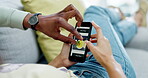 Phone screen, online shopping and hands of couple with choice for food, dinner or lunch on home couch. Ecommerce, fintech and man and woman with cellphone to scroll on restaurant website for meal.