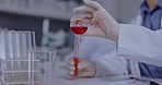 Hands, lab and beaker with test tube, liquid for results, research or problem solving in pharma industry. Scientist, laboratory or pouring for medical study, pharmaceutical or healthcare innovation
