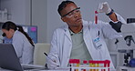 Science, chemistry and writing with black man in laboratory for medical, research and pharmacy. Healthcare, medicine and sample with scientist and chemical for vaccine, focus and experimental cure