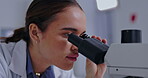 Microscope, search and science with woman in laboratory for research, virus and breakthrough. Development, medical and healthcare with female and check for experiment, medicine and vaccine analysis