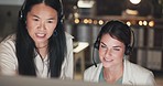 Leadership, women or manager in call center coaching telemarketing in customer services at night. Contact us, crm training or Asian mentor teaching an insurance agent on new job tasks on a computer