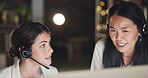 Leadership, women or manager in call center training telemarketing in customer services at night. Contact us, crm coaching or Asian mentor teaching an insurance agent on new job tasks on a computer