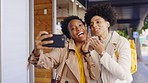 Black woman, friends and selfie in city with smile, peace sign and funny face with kiss, tongue and outdoor. Girl, women and street in metro for social media, photography or profile picture in street