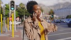 Angry, phone call and woman in the city late for work with stress and frustrated communication. Mobile conversation, young female and urban street of a person feeling anger from discussion outdoor