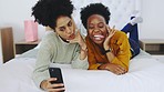 Bedroom selfie, girl friends and phone  with young people on a bed at home. Morning, fun and social media  scroll  of women with happiness and friendship in a house on a mobile for profile picture