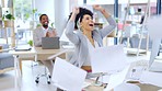 Business woman, computer and celebration throwing paperwork for winning, sale or corporate success at office. Happy female employee celebrating documents in air for win, finished or company profit