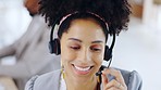 Business woman, face and consulting in call center with headphones for telemarketing, customer service or support at office. Happy and friendly female consultant smiling with headset mic for advice