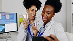 Women, scientist and peace sign selfie in lab for happy memory, social media or profile picture. Science smile, teamwork and medical doctors or friends taking photo with v hand emoji and air kissing.