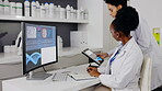 Women, scientist and talk about results on science experiment in lab, team and tablet with medical research. Computer screen, people have discussion and biotechnology with communication and teamwork